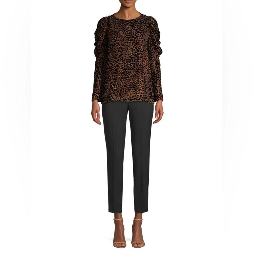 Elie Tahari Blouse Noelle Brown Leopard print Velvet puff Sleeves Size M - Picture 4 of 10